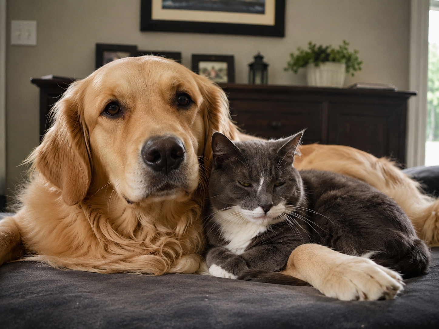 Illustration of a happy dog and cat at home